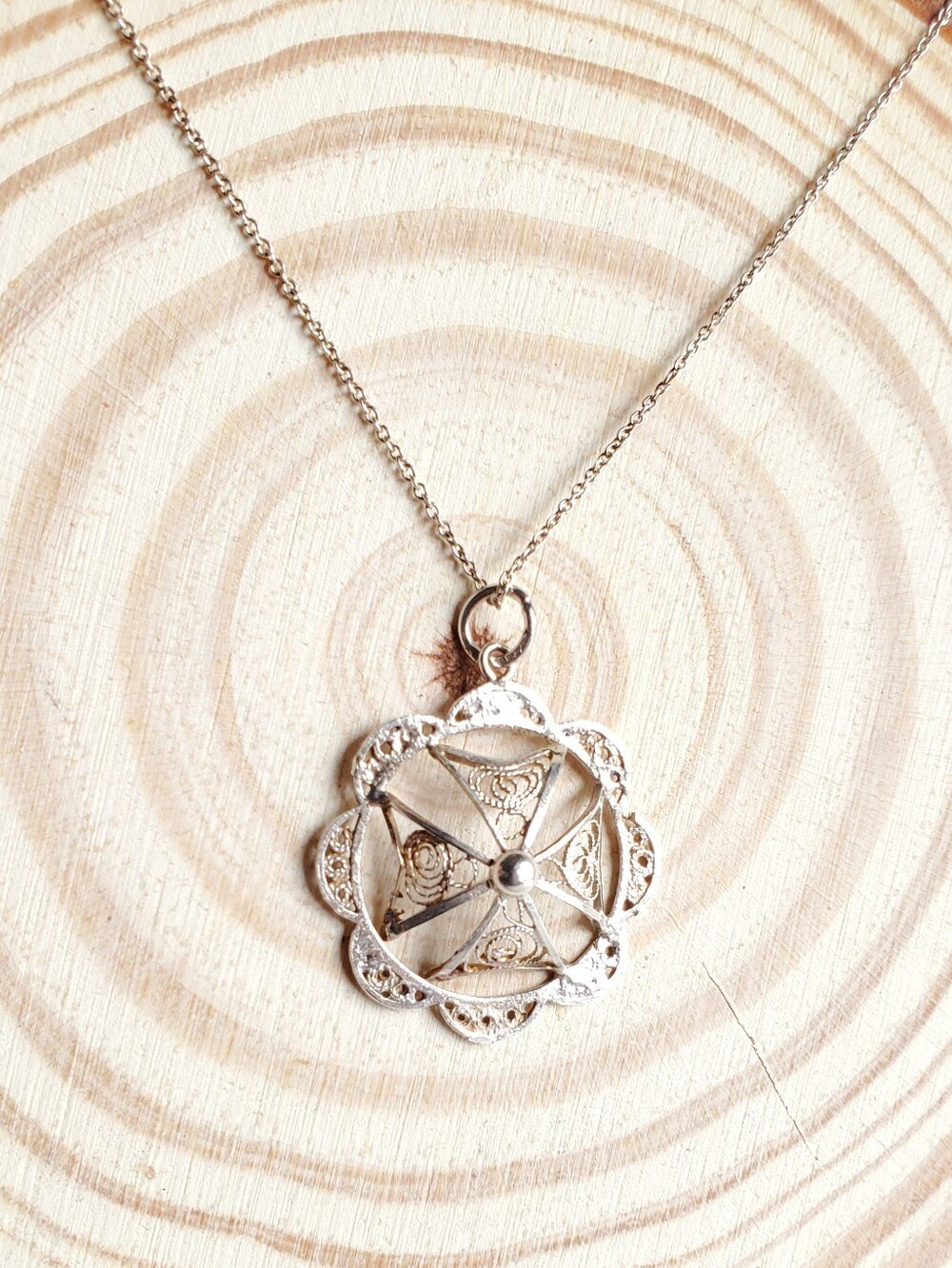 Antique Art Nouveau 835 Silver Floral Filigree Pendant Necklace
